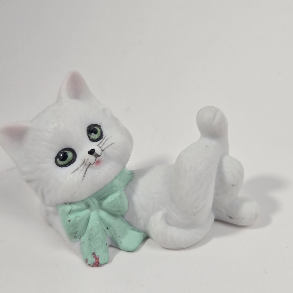 Vintage White Porcelain Cat Figurine Green Bow Bisque 04944 Miniature Kitty